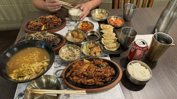 Spicy bbq chicken, beef bulgogi, spicy pork bulgogi , fried dumplings,