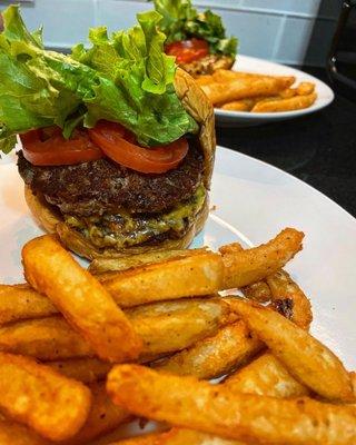 Burger with extra patty and fries