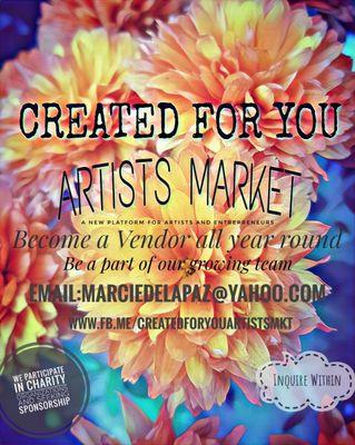 created for you artist market will be having a market every month @Hub 17 art Gallery starting next month.