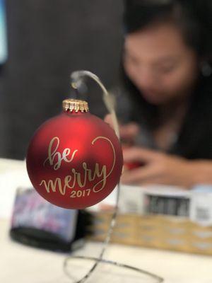 Personalized Christmas ornaments for the Lincoln Experience Center, Fashion Island, live calligraphy event. Photographer by customer.