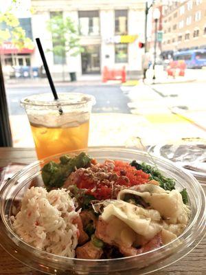 Salmon, Tuna, Crab meat poki bowl. With Passion Fruit tea