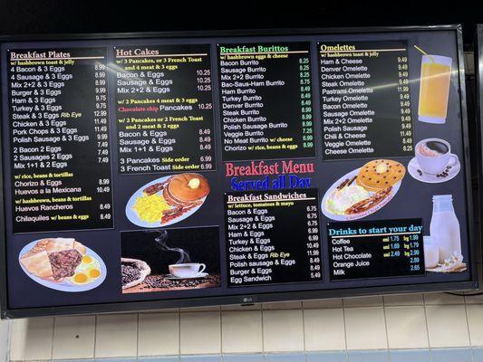 Breakfast Menu with breakfast plates, Hot Cakes, Breakfast Burritos and Omelettes