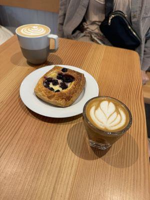 French Toast Latte, Cortado, Blueberry Cream Cheese Danish