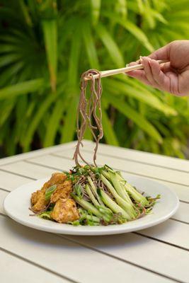 Soba Noodle Salad with baked tofu, cucumber & carrots, ginger-shoyu dressing