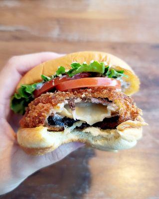 'Shroom Burger - fried portebello mushroom patty with melted cheese inside