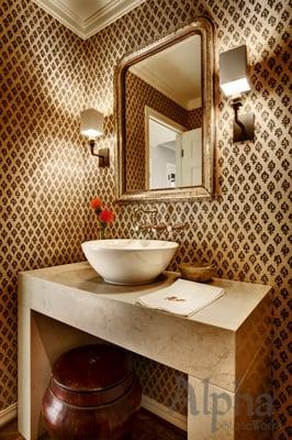 Custom-built 3-D travertine vanity top and sides