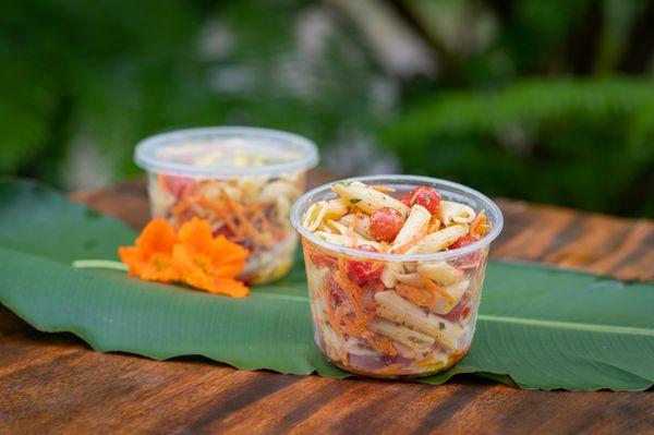 Pasta salad with farm grown veggies.