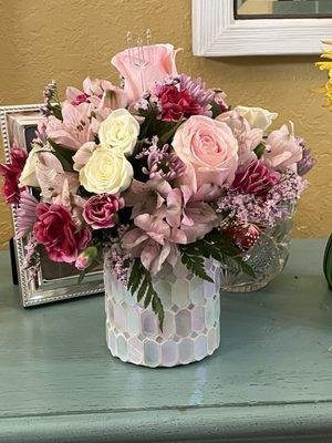 This is her Mother's Day bouquet the beautiful glass plated vase and the aromatic smell of the fresh flowers