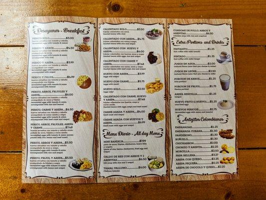 Paper menu (2 of 2). Breakfast, all-day items, extra portions and drinks, antojitos Colombianos.