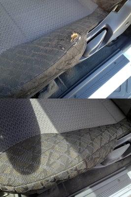 Tear in seat, 2001 Nissan XTerra, factory pattern, before and after.