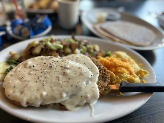 XL Country fried steak with a pancake