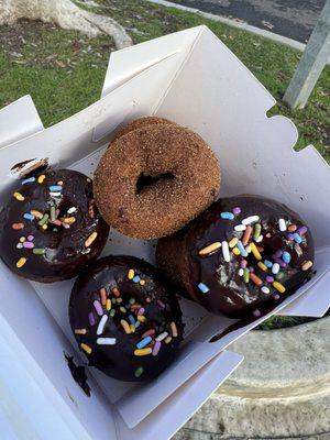 Chocolate sprinkle + churro donuts