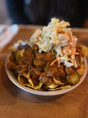 Filthy nachos--veganized (baked beans instead of beef chili, no cheese sauce, vegan coleslaw)