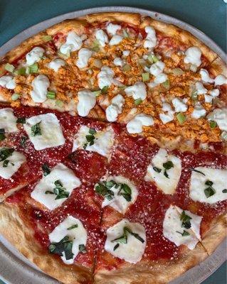 large pizza - half margherita, half buffalo chicken