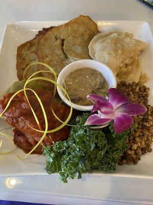 Combo #2- potato pancakes, stuffed cabbage, pierogis, bulgur wheat, mushroom sauce.