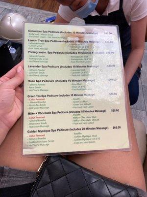 Pedicure menu