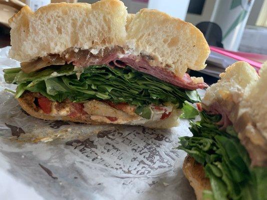 15. Goat Do Roam Sandwich (Lunch) with Grilled Chicken, Salami, & Tomato Aioli.