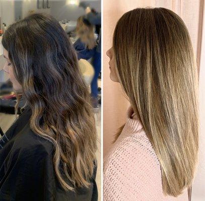 Hair by Sienna Horton. Before and after of a full balayage with a shadow root.