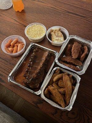 Chicken Fingers, 1/2 Rack Baby Back Ribs, Seasoned Fries, Macaroni and Cheese, Real Mashed Potatoes & Carrots