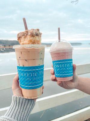 Crumb cake, caramel iced latte, and strawberry banana smoothie