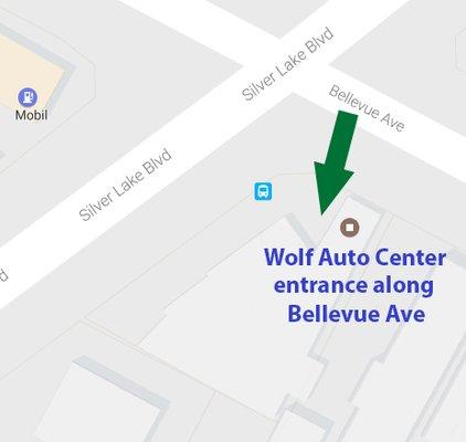 Entrance along Bellevue Ave. Wolf Auto Center is not associated with the shop located at the Silver Lake entrance