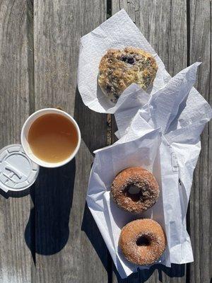 donuts, scone, hot cider