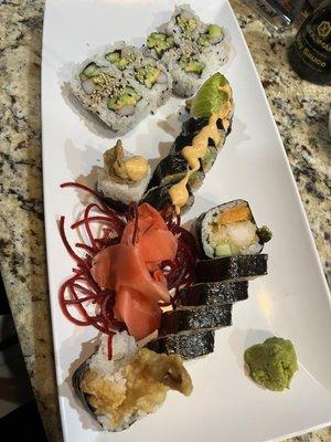 Top is the California Roll with Sesame Seed, then the Spider Roll (fried soft shell crab) and Tempura Roll (shrimp with sweet potato).