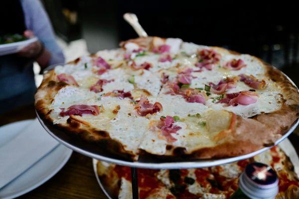 No. 1 Pizza: Mozzarella, Scamorza affumicata, **pancetta** (Italian bacon) and scallions-no