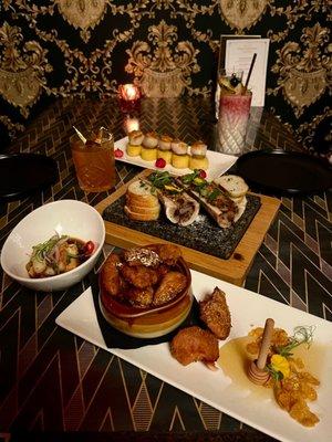 Bone Marrow, King Crab Tempura, 24 K Gold Popcorn Chicken, U-10 Scallops, Tokyo Nights & custom mock tail (virgin Lava Flow w/raspberries)