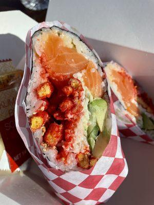 Plan B Burrito with Salmon and Hot Cheetos