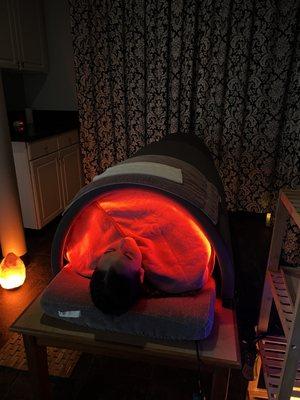 Enjoy color therapy while detoxing in our Infrared Sauna Pod