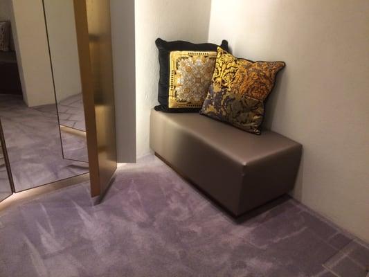 Fitting room bench re-upholstered for Versace in South Coast Plaza