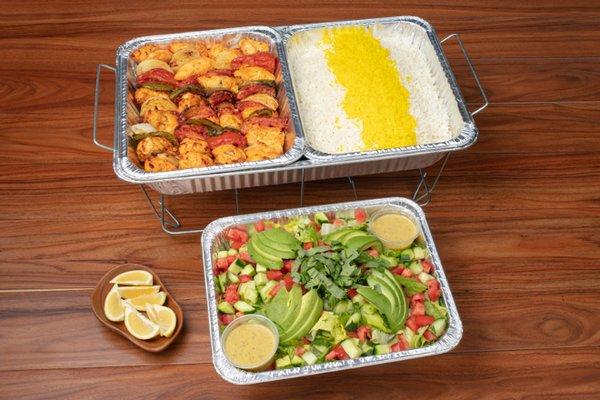 Chicken Kabob Catering Tray with Romaine Avocado Salad and Basmati Rice