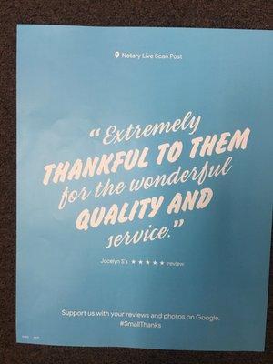 Some customers go the extra mile to not only write a review but also spend money creating a poster and sending it to us. We Thank them.