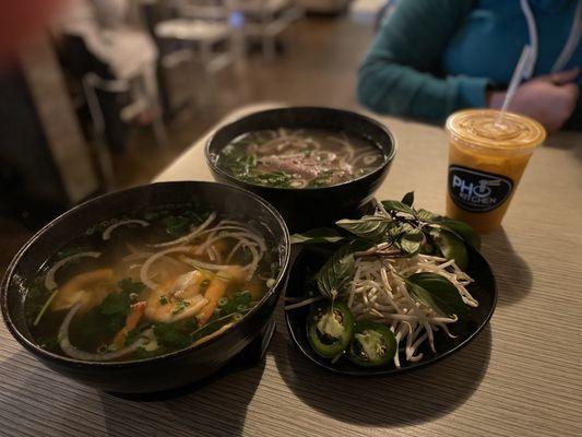 Egg noodle with Shrimp, Classic Pho with beef, Thai iced tea