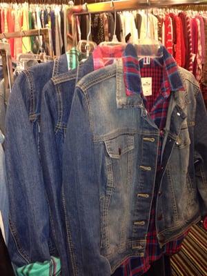 Women's flannel paired with jean jackets.