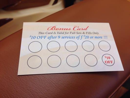 Bonus card - $10 off after 9 services of $20 or more