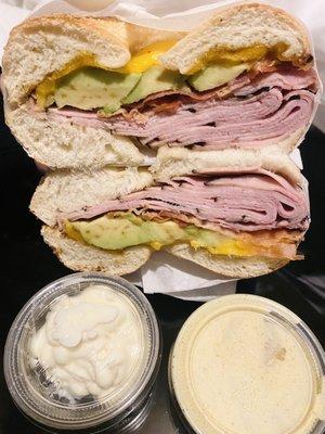 Hot Black Forest Ham on a Plain Bagel. All hot bagel sandwiches come with avocado, choice of cheese, bacon and choice of ham.