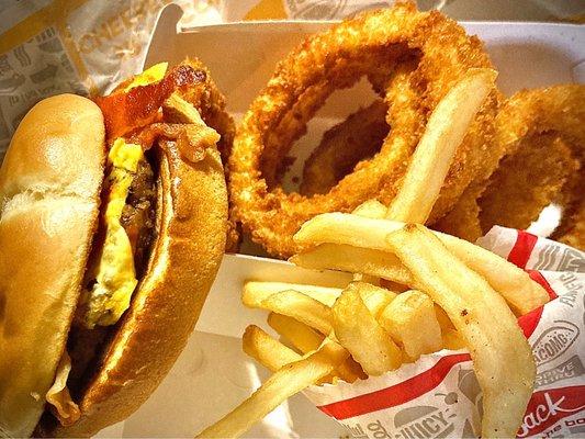 Junior bacon cheeseburger, fries and onion rings. Got late night cravings?