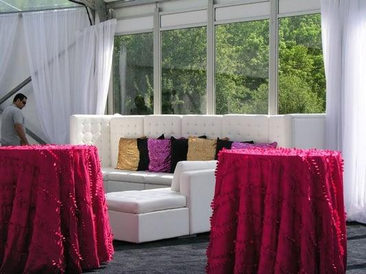 White Leather Higg Back Lounge Furniture, Bistro Tables with Tafetta Linen in Magenta, Sequin Pillows