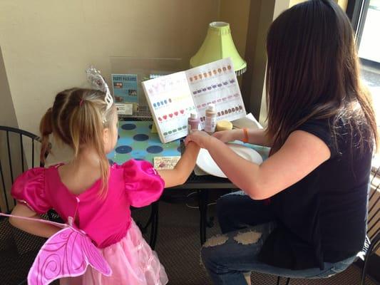 Creating a personalized birthday plate at a Painted Plate Party.