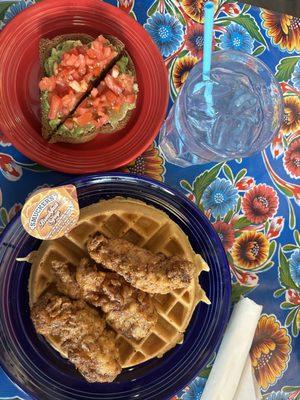 honey chicken and waffles and avacado toast