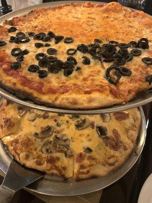 Vodka pie (bottom) and half cheese/half olive pie