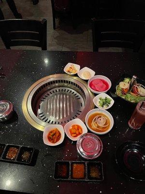 Bonchon, salad, rice, and dips