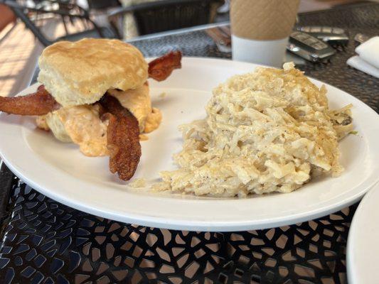 Pimento Cheese and Bacon Biscuit with Hashbrown Casserole