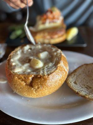 Clam chowder in a sour dough bread bowl