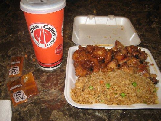 The food - Bourbon chicken, orange chicken and fried rice. (The cup says "Chao Cajun", but it is from Tobu.)