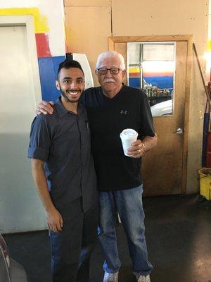 Cheyenne with Joe. A longtime customer, Joe always makes sure to bring coffee and donuts for friends at Expert Auto