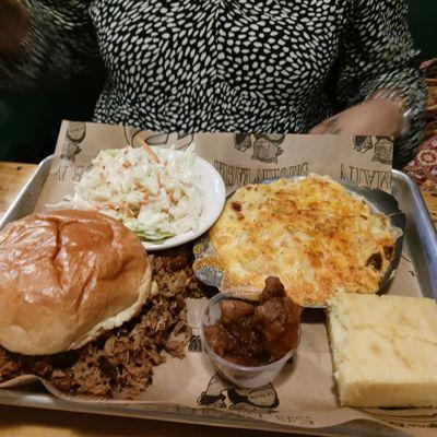 BBQ Pulled Pork Sandwich with Coleslaw, Mac and cheese and cornbread