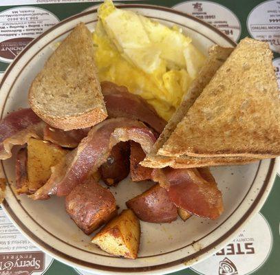 2 eggs, wheat toast, bacon and home fries